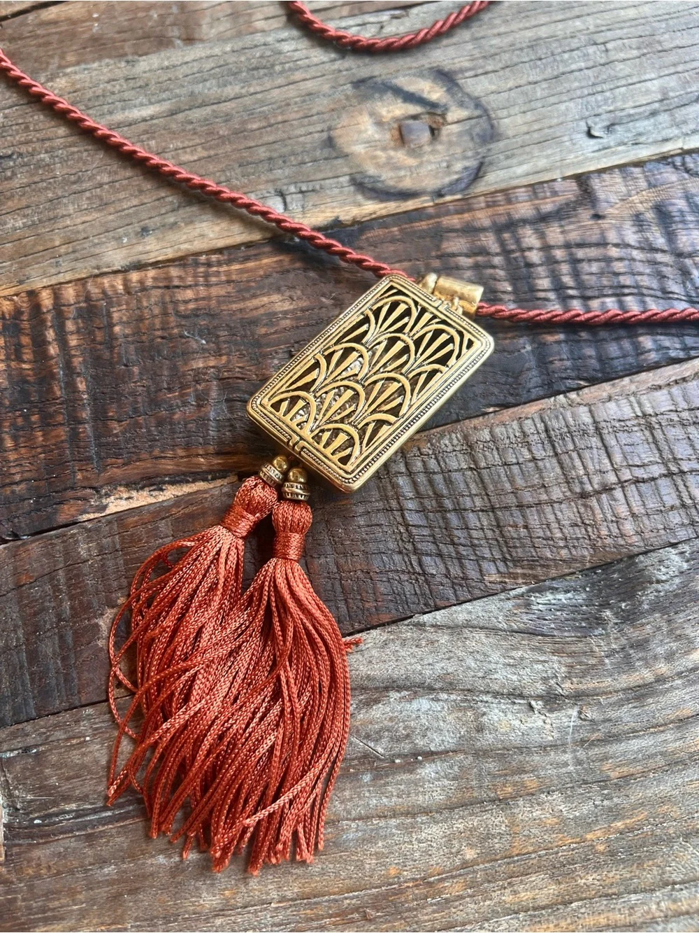 Chico's Gold-Tone Filigree Pendant Necklace with Rust Tassel